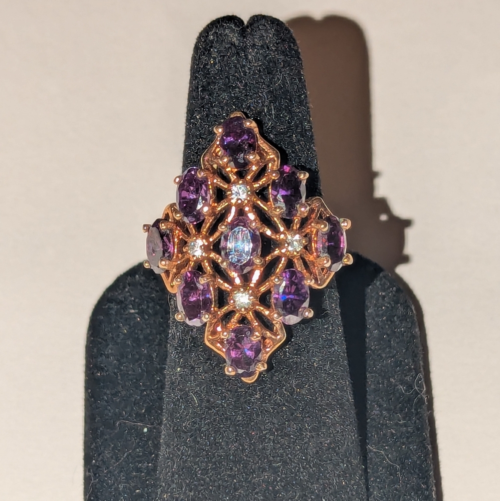 Amethyst Crystal Gold Tone Sz 8 Ring GORGEOUS